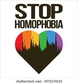Stop Homophobia black text effect in with LGBT flag brush stroke in a love shape sign vector illustration, Stop Homophobia, black text effect, LGBT flag, Gay and lesbian, rainbow, lesbian sign.