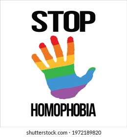 Stop Homophobia digital black text effect with LGBT flag inside hand shape brush stroke vector illustration, Stop Homophobia, black text effect, Gay and lesbian, brush stroke, hand shape.
