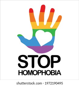 Stop Homophobia digital black text effect with LGBT flag inside hand shape and love shape vector illustration, Stop Homophobia, black text effect, Gay and lesbian, brush stroke, hand shape, love shape