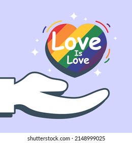 Stop Homophobia and Heterosexism love is love LGBT pride rainbow heart hand poster design vector art