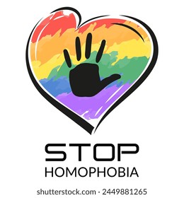 Stop homophobia. Inspirational Gay Pride poster with rainbow watercolor spectrum heart shape, brush lettering. Homosexuality emblem. LGBT rights concept. Vector