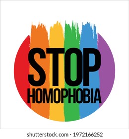 Stop Homophobia with LGBT flag Brush stroke inside round shape vector illustration and text effect, Stop Homophobia, black text effect, LGBT flag, Gay and lesbian, Round shape, rainbow.