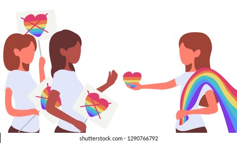 Stop homophobia. LGBT giving heart, love to Anti-homosexual people. LGBT pride. Colorful vector illustration in flat style.