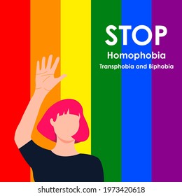 Stop Homophobia. LGBT woman with pink hair raised her hand in protest. May 17 - The International Day Against Homophobia, Transphobia and Biphobia. Vector illustration in flat style.