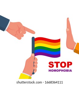 Hör auf Homophobie. Der Mensch verweist auf eine farbige Flagge. Handgeste gegen Verurteilung. Vektorillustration Illustration flaches Design. Einzeln auf weißem Hintergrund.