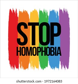 Stop Homophobia movement with LGBT flag Brush stroke vector illustration and text effect, Stop Homophobia, black text effect, LGBT flag.