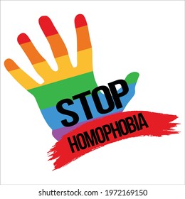 Stop Homophobia movement with LGBT flag and hand shape vector illustration and text effect, Stop Homophobia, black text effect, LGBT flag, Gay and lesbian, hand shape, rainbow, red brush stroke.