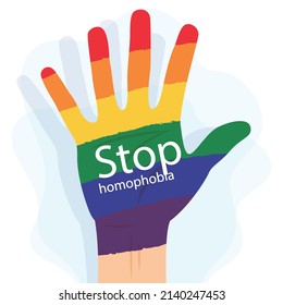 stop homophobia with rainbow hand illustration