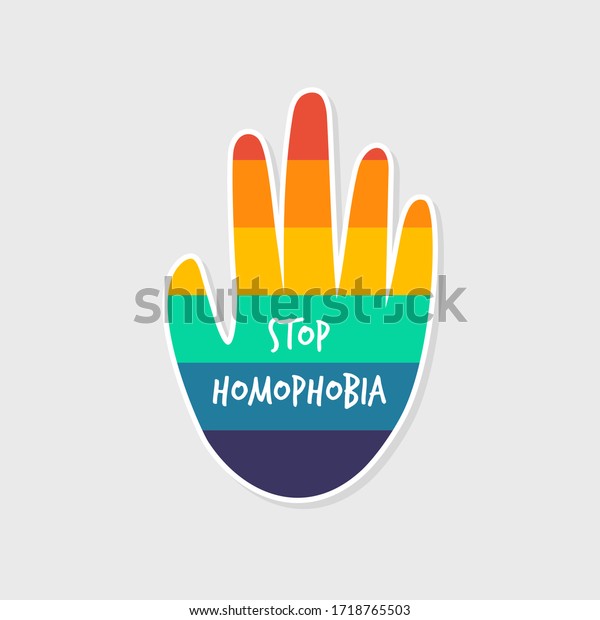 Stop homophobia. Rainbow hand with the words\
\