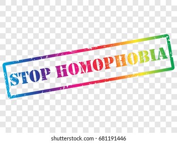 STOP HOMOPHOBIA. Rubber stamp vector illustration in rainbow colors. Original grunge colorful rubber stamp with dust texture isolated on transparent background. Perfect design for t-shirt, web.