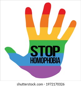 Stop Homophobia text effect in a hand shape with LGBT flag vector illustration, Stop Homophobia, black text effect, LGBT flag, Gay and lesbian, rainbow, hand shape.
