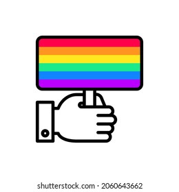 Stop homophobia thin line icon, rainbow flag in hand. Modern vector illustration. 