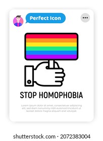 Stop homophobia thin line icon, rainbow flag in hand. Modern vector illustration. 