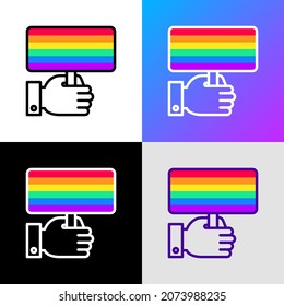 Detengan la homofobia, icono de línea delgada, bandera arco iris en la mano. Ilustración vectorial moderna. 