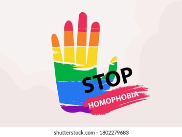 Stop Homophobia vector concept: rainbow pride colored palm hand with Stop Homophobia words