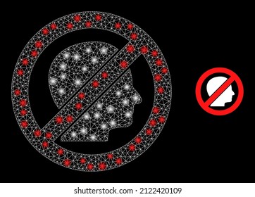 Stop human icon and bright mesh net stop human structure with bright light spots. Illuminated constellation done using stop human vector icon and polygonal mesh. Illuminated carcass stop human,
