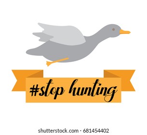 Stop Hunting Vector Illustration with duck, ribbon with phrase hashtag stop hunt