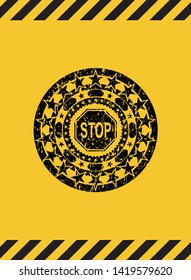stop icon black grunge emblem inside yellow warning sign. Vector Illustration. Detailed.