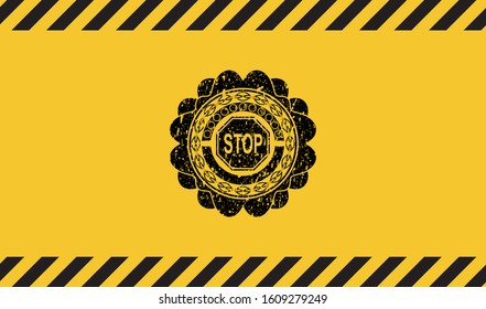 stop icon black grunge emblem inside yellow warning sign. Vector Illustration. Detailed.
