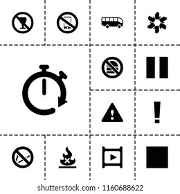 Stop icon. collection of 13 stop filled icons such as no alcohol, exclamation point, warning, airport bus, no phone, hands, pause. editable stop icons for web and mobile.