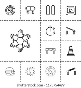 Stop icon. collection of 13 stop outline icons such as airport bus, barrier, no laptop, cone barrier, pause, play, road barrier. editable stop icons for web and mobile.