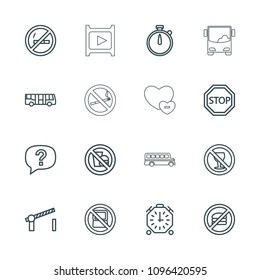 Stop icon. collection of 16 stop outline icons such as airport bus, no laptop, no fast food, exclamation, road barrier, bus. editable stop icons for web and mobile.