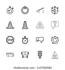 Stop icon. collection of 16 stop outline icons such as airport bus, cone barrier, cone, traffic light, dislike, switch off, barrier. editable stop icons for web and mobile.