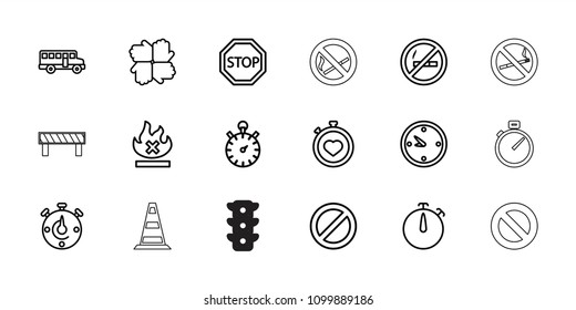 Stop icon. collection of 18 stop outline icons such as bus, hands, no smoking, no fire, prohibited, clock, cone barrier, barrier. editable stop icons for web and mobile.