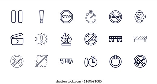 Stop icon. collection of 18 stop outline icons such as airport bus, no smoking, barrier, no fire, heartbeat watch, pause. editable stop icons for web and mobile.