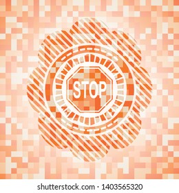 stop icon inside abstract emblem, orange mosaic background