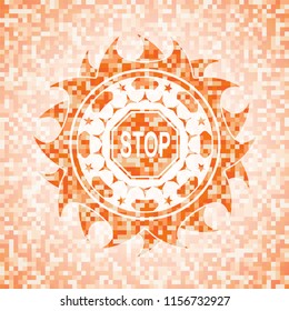 stop icon inside abstract orange mosaic emblem