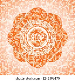 stop icon inside abstract orange mosaic emblem