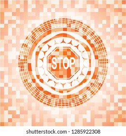 stop icon inside abstract orange mosaic emblem