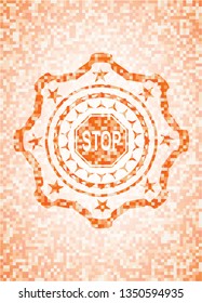 stop icon inside abstract orange mosaic emblem with background