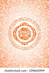 stop icon inside abstract orange mosaic emblem with background