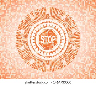 stop icon inside abstract orange mosaic emblem with background