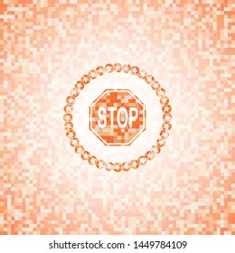 stop icon inside abstract orange mosaic emblem with background