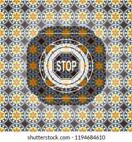 stop icon inside arabesque badge background. arabic decoration.