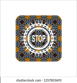 stop icon inside arabesque badge background. arabic decoration.