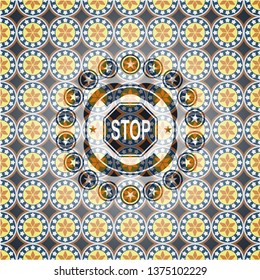 stop icon inside arabesque badge. arabic decoration.