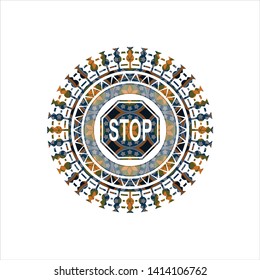 stop icon inside arabesque badge background. arabic decoration.