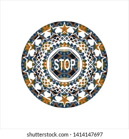 stop icon inside arabesque emblem background. arabic decoration.
