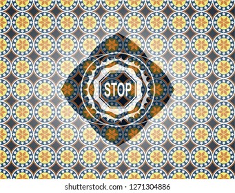 stop icon inside arabesque style emblem. arabic decoration.