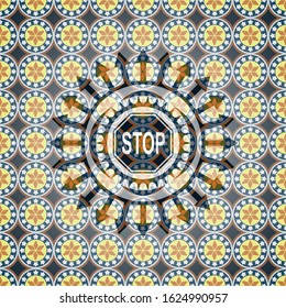 stop icon inside arabesque style emblem. arabic decoration.