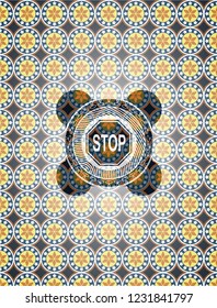 stop icon inside arabic badge. Arabesque decoration.