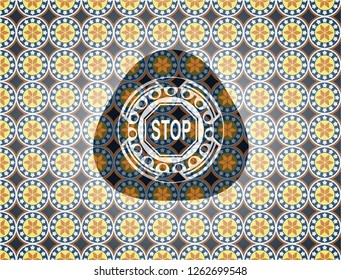stop icon inside arabic badge background. Arabesque decoration.