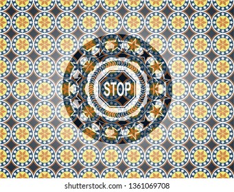 stop icon inside arabic badge background. Arabesque decoration.