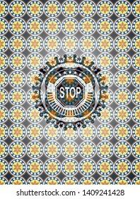 stop icon inside arabic badge background. Arabesque decoration.
