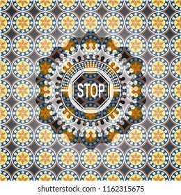 stop icon inside arabic emblem. Arabesque decoration.