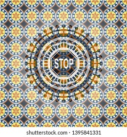stop icon inside arabic emblem background. Arabesque decoration.